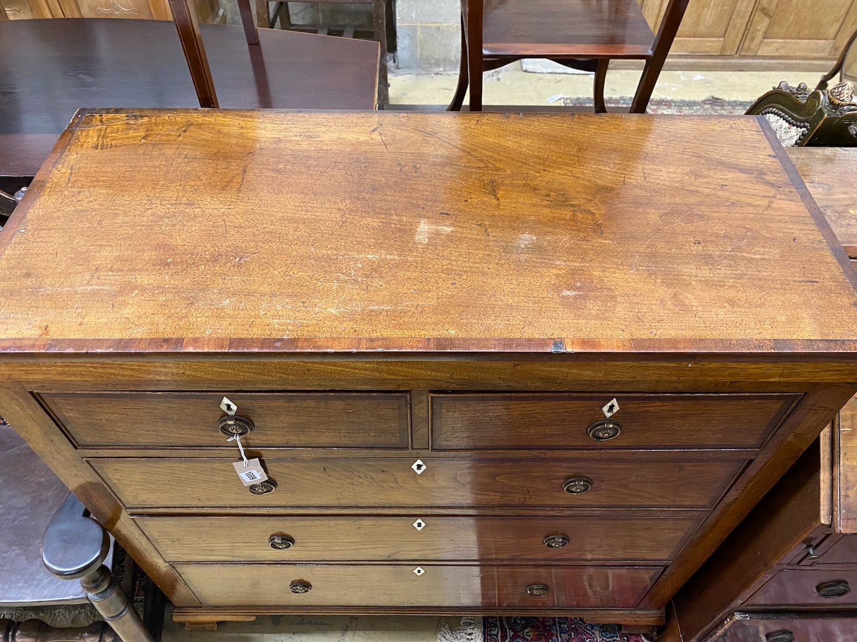 A George IV mahogany banded provincial oak chest, width 109cm, depth 47cm, height 108cm